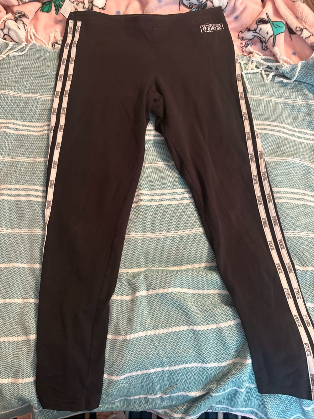 PINK Victoria's Secret Black Leggings with White Logo Tape